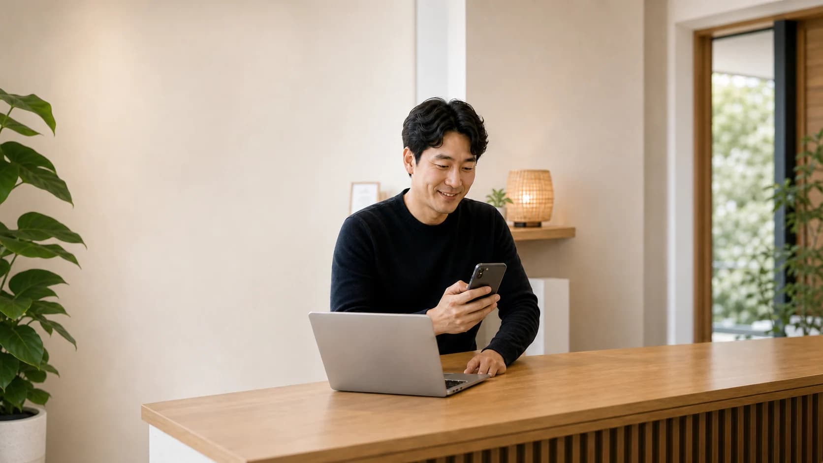 사장님이 자신의 휴대폰으로 체크인 완료 알림을 확인하는 모습